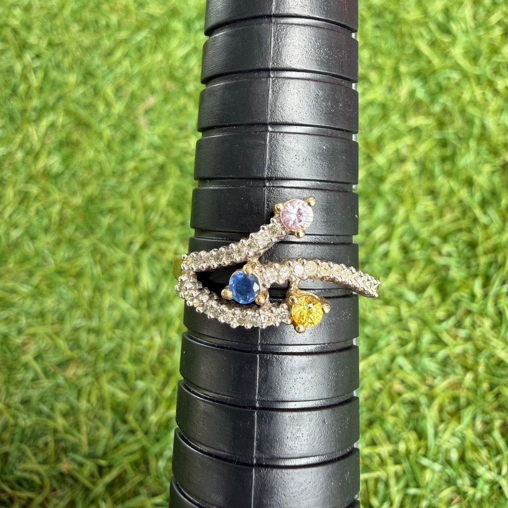 Vtg 10K Yellow Gold Multi Gemstone Bypass Ring Size 8.25 Pink Blue Yellow Stones
